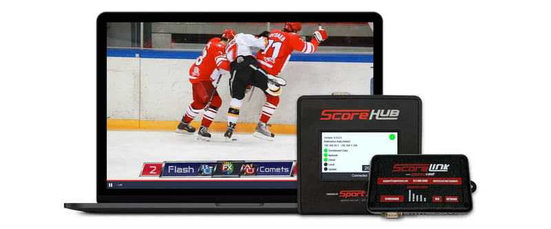 Sportzcast box next to a computer screen showing live stream of a hockey game with scoreboard overlay