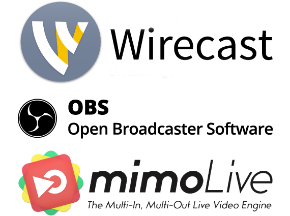 Wirecast, OBS, and mimoLive logos